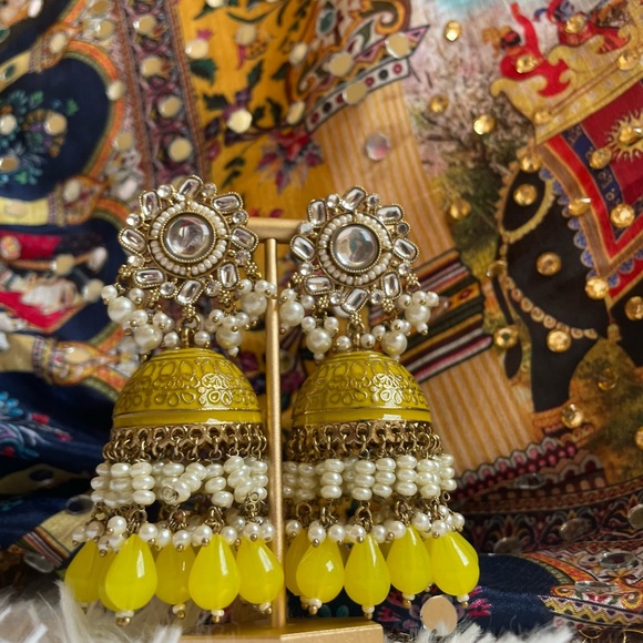 Yellow Heavy Jhumka - Picture 4 of 8